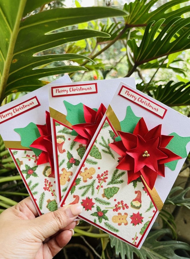 Crafted Forever Poinsettia Flower Handmade Christmas Greeting Card- Set 0f 3 with Envelopes, blank inside - Image 3